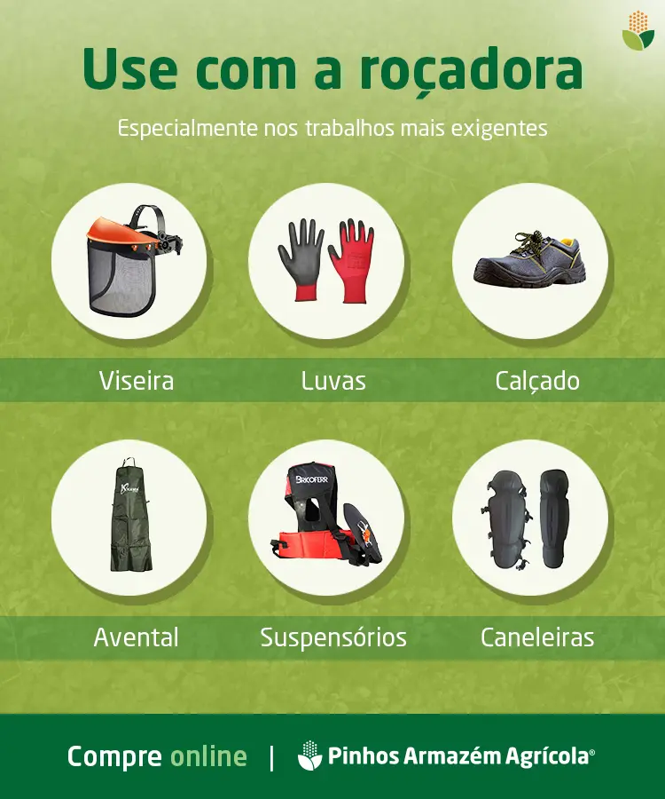 Infografia de acessórios de proteção que devem ser usados com a roçadora, especialmente em trabalhos mais exigentes.