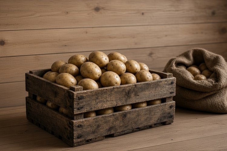 Batatas armazenadas numa caixa de madeira para evitar o grelo
