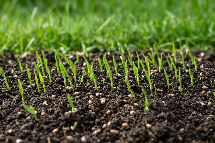 Relva a nascer em terra preparada após a sementeira, com sementes de relva visíveis no solo