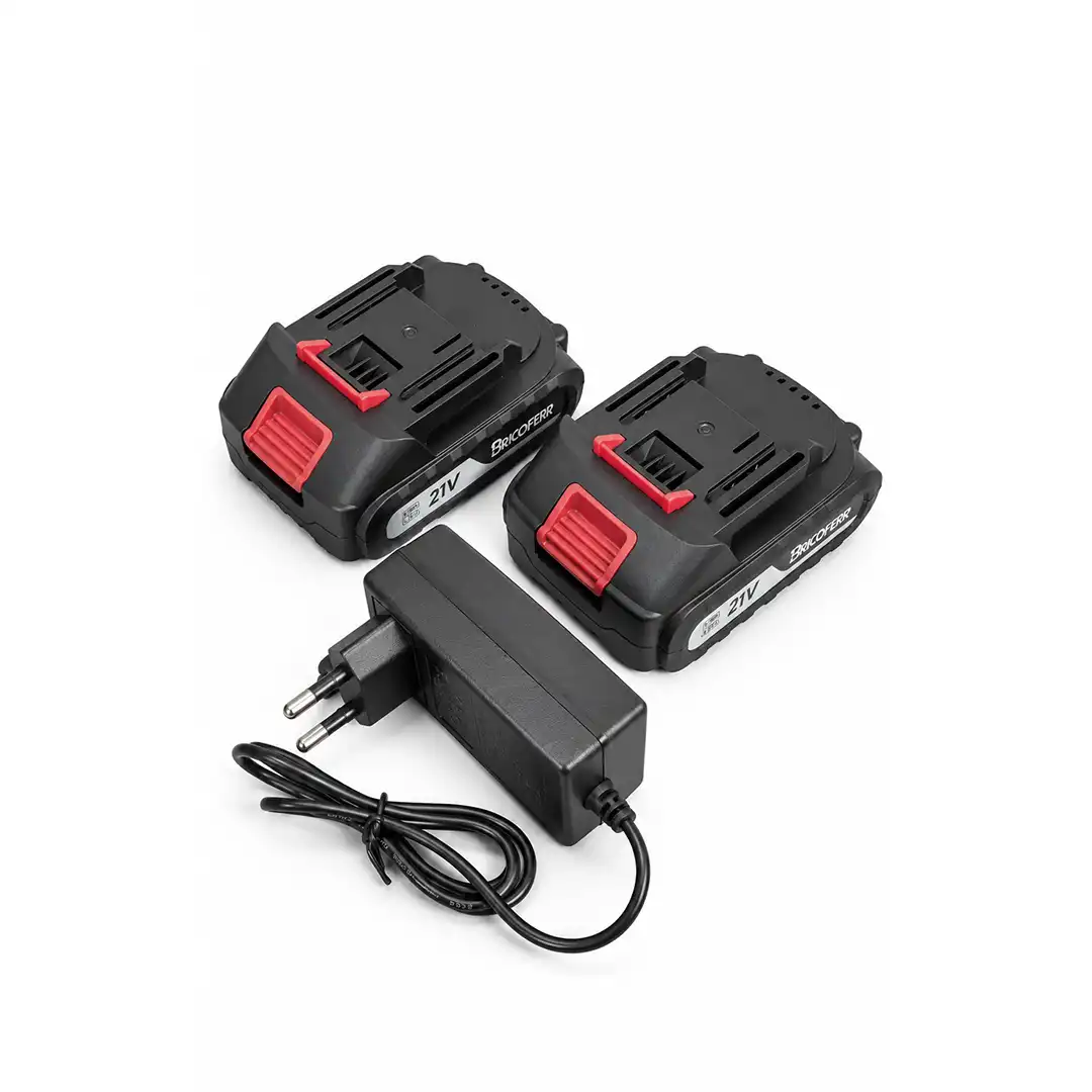 Duas baterias de 21 V e carregador incluídos com a mini motosserra a bateria