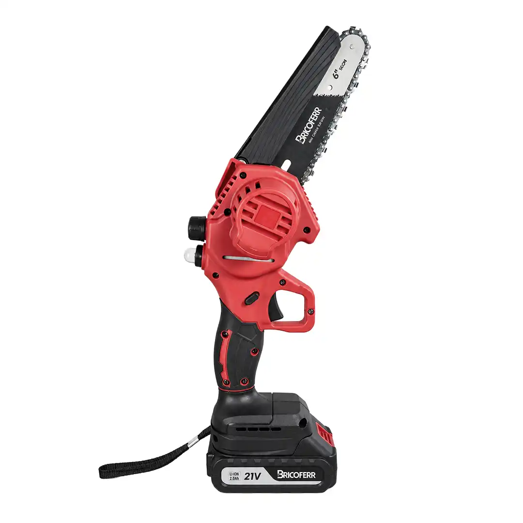 Mini motosserra a bateria de 600 W, vermelha e preta, com lâmina de 6 polegadas