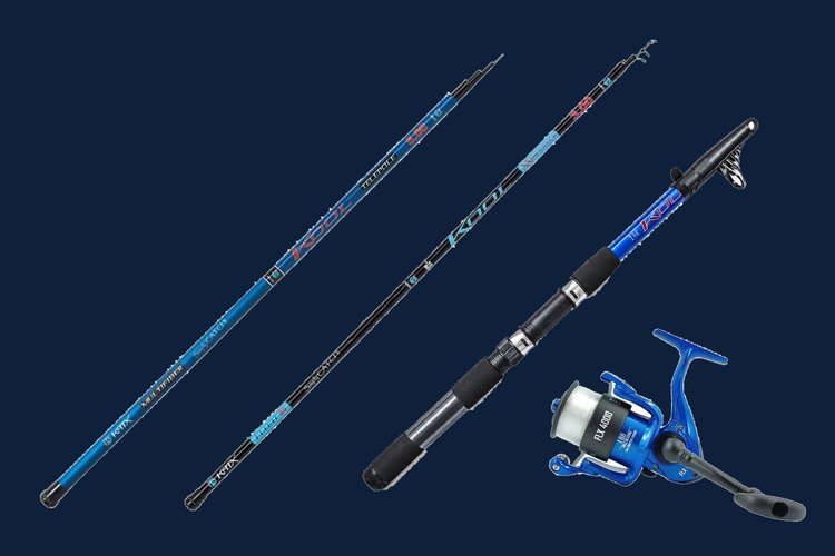 Canas de pesca KATX Kool à francesa, à bolonhesa e de spinning com carreto FLX 4000 sobre fundo azul-escuro