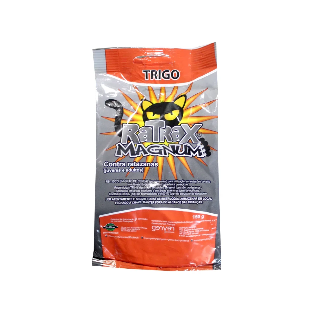 Embalagem de rodenticida Ratrax Magnum Trigo, isco em grão de cereal