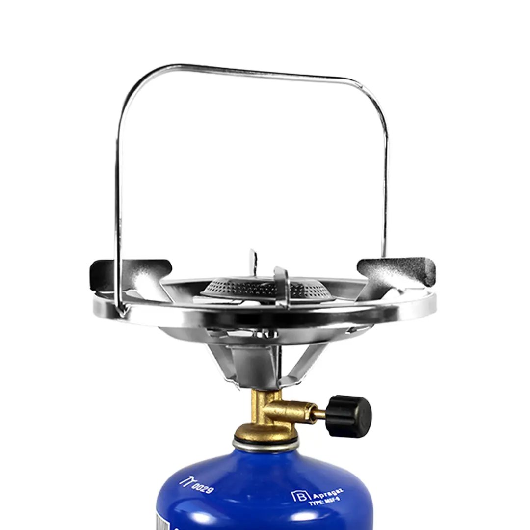 Queimador portátil a gás em inox montado sobre um cartucho de gás azul